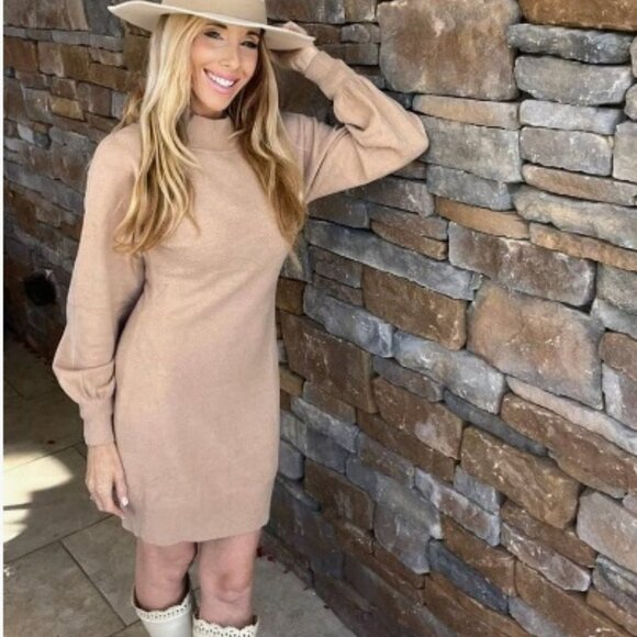 Mock Neck Ribbed Long Sleeve Bodycon Pullover Mini Sweater Dress - Picture 1 of 13
